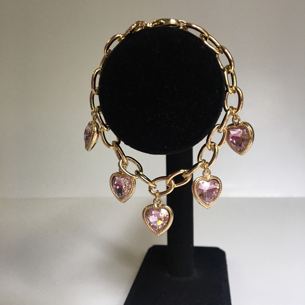 Monet Pink Crystal Hearts Charm Bracelet